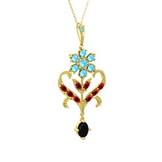 Ade Kraliyet Kolye - Akuamarin, garnet ve siyah zirkon 8 ayar altın kolye (40 cm gümüş rolo zincir) #xu69a9