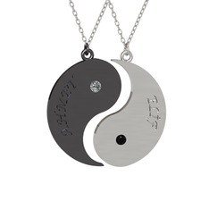 İsimli Yin Yang - Pırlanta ve siyah zirkon 925 ayar siyah rodyum kaplama gümüş kolye (0.06 karat, 40 cm gümüş rolo zincir) #12bauuu