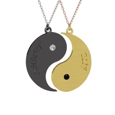 İsimli Yin Yang - Beyaz zirkon ve siyah zirkon 925 ayar siyah rodyum kaplama gümüş kolye (40 cm beyaz altın rolo zincir) #16011ea