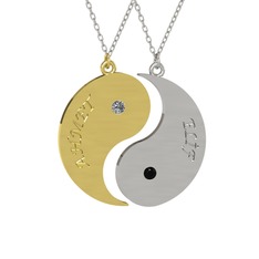 İsimli Yin Yang - Pırlanta ve siyah zirkon 925 ayar altın kaplama gümüş kolye (0.06 karat, 40 cm beyaz altın rolo zincir) #1utgktk