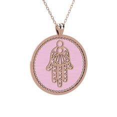 Mineli Hamsa Kolye - 8 ayar rose altın kolye (Pastel pembe mineli, 40 cm rose altın rolo zincir) #10h2rfw