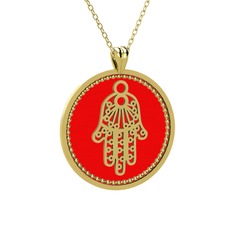 Mineli Hamsa Kolye - 8 ayar altın kolye (Kırmızı mineli, 40 cm altın rolo zincir) #178kd9t