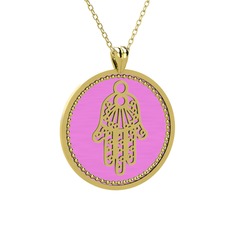 Mineli Hamsa Kolye - 14 ayar altın kolye (Pembe mineli, 40 cm altın rolo zincir) #559407