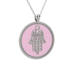 Mineli Hamsa Kolye - 925 ayar gümüş kolye (Pastel pembe mineli, 40 cm gümüş rolo zincir) #b8yv9m