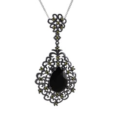 Dalila Kolye - Siyah zirkon ve peridot 925 ayar siyah rodyum kaplama gümüş kolye (40 cm beyaz altın rolo zincir) #14odwn9