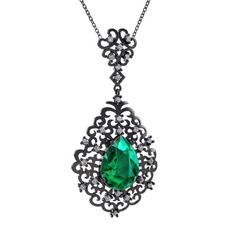Dalila Kolye - Yeşil kuvars ve swarovski 925 ayar siyah rodyum kaplama gümüş kolye (40 cm gümüş rolo zincir) #15rtx1q