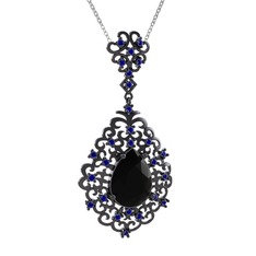 Dalila Kolye - Siyah zirkon ve lab safir 925 ayar siyah rodyum kaplama gümüş kolye (40 cm beyaz altın rolo zincir) #15xsuyz