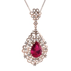 Rodolit garnet ve pırlanta 8 ayar rose altın kolye (0.52 karat, 40 cm gümüş rolo zincir)