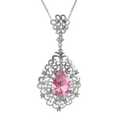 Dalila Kolye - Pembe kuvars ve swarovski 925 ayar gümüş kolye (40 cm beyaz altın rolo zincir) #1g8p8hn