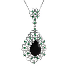 Dalila Kolye - Siyah zirkon ve yeşil kuvars 14 ayar beyaz altın kolye (40 cm gümüş rolo zincir) #1kclkfc