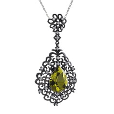 Dalila Kolye - Peridot ve swarovski 925 ayar siyah rodyum kaplama gümüş kolye (40 cm gümüş rolo zincir) #1weem1e