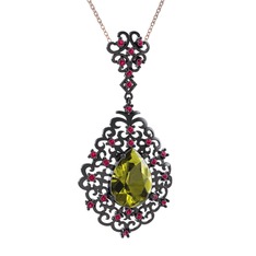 Dalila Kolye - Peridot ve rodolit garnet 925 ayar siyah rodyum kaplama gümüş kolye (40 cm gümüş rolo zincir) #7834at