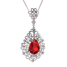 Garnet ve pembe kuvars 8 ayar beyaz altın kolye (40 cm rose altın rolo zincir)