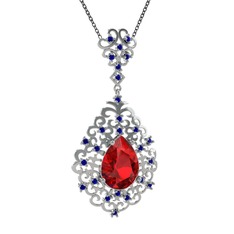 Garnet ve lab safir 18 ayar beyaz altın kolye (40 cm gümüş rolo zincir)