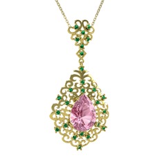 Pembe kuvars ve yeşil kuvars 925 ayar altın kaplama gümüş kolye (40 cm altın rolo zincir)