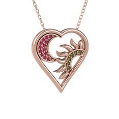 Ay ve Güneş Kalp Kolye - Rodolit garnet ve peridot 925 ayar rose altın kaplama gümüş kolye (40 cm rose altın rolo zincir) #108n99h