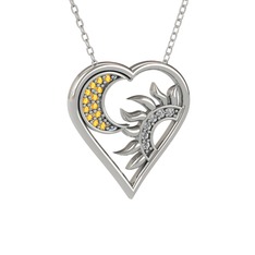 Ay ve Güneş Kalp Kolye - Sitrin ve beyaz zirkon 18 ayar beyaz altın kolye (40 cm gümüş rolo zincir) #13q87ye
