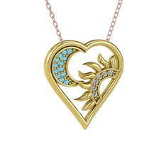 Ay ve Güneş Kalp Kolye - Akuamarin ve beyaz zirkon 8 ayar altın kolye (40 cm gümüş rolo zincir) #1tokyir