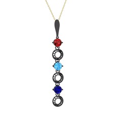 Garnet, akuamarin ve lab safir 925 ayar siyah rodyum kaplama gümüş kolye (40 cm altın rolo zincir)
