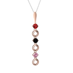 Garnet, siyah zirkon ve pembe kuvars 925 ayar rose altın kaplama gümüş kolye (40 cm beyaz altın rolo zincir)