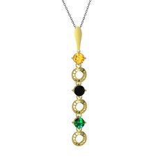 Sitrin, siyah zirkon ve yeşil kuvars 14 ayar altın kolye (40 cm gümüş rolo zincir)