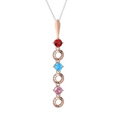 Garnet, akuamarin ve pembe kuvars 14 ayar rose altın kolye (40 cm gümüş rolo zincir)