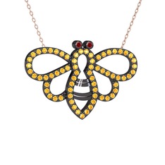 Bumblebee Arı Kolye - Garnet ve sitrin 925 ayar siyah rodyum kaplama gümüş kolye (40 cm rose altın rolo zincir) #10i78i6