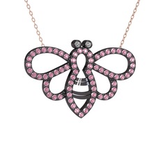 Bumblebee Arı Kolye - Swarovski ve pembe kuvars 925 ayar siyah rodyum kaplama gümüş kolye (40 cm rose altın rolo zincir) #13ul80t