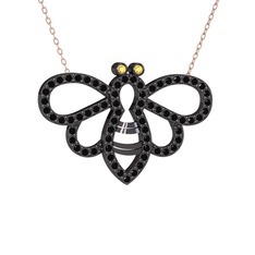 Bumblebee Arı Kolye - Sitrin ve siyah zirkon 925 ayar siyah rodyum kaplama gümüş kolye (40 cm rose altın rolo zincir) #3qi7cm