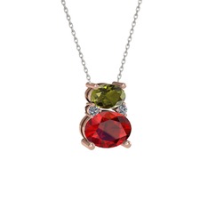 Peridot, garnet ve pırlanta 8 ayar rose altın kolye (0.036 karat, 40 cm beyaz altın rolo zincir)