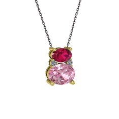 Rodolit garnet, pembe kuvars ve pırlanta 925 ayar altın kaplama gümüş kolye (0.036 karat, 40 cm gümüş rolo zincir)