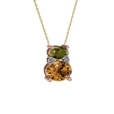 Thea Kolye - Peridot, dumanlı kuvars ve pırlanta 8 ayar rose altın kolye (0.036 karat, 40 cm altın rolo zincir) #jrhgfl
