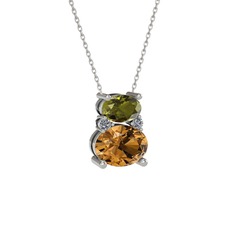 Peridot, dumanlı kuvars ve pırlanta 925 ayar gümüş kolye (0.036 karat, 40 cm gümüş rolo zincir)