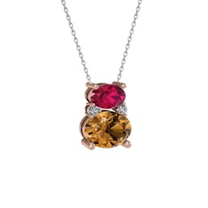 Thea Kolye - Rodolit garnet, dumanlı kuvars ve swarovski 14 ayar rose altın kolye (40 cm beyaz altın rolo zincir) #oss2ao