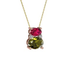 Rodolit garnet, peridot ve swarovski 925 ayar rose altın kaplama gümüş kolye (40 cm altın rolo zincir)