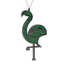 Isla Flamingo Kolye - Yeşil kuvars 925 ayar siyah rodyum kaplama gümüş kolye (40 cm beyaz altın rolo zincir) #1295h23