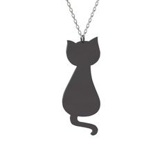 Tarçın Kedi Kolye - 925 ayar siyah rodyum kaplama gümüş kolye (40 cm beyaz altın rolo zincir) #13sex0p