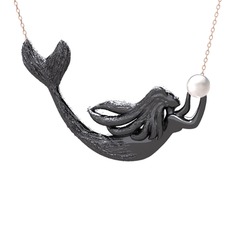 Pequod Deniz Kızı Kolye - Inci 925 ayar siyah rodyum kaplama gümüş kolye (40 cm rose altın rolo zincir) #156cux6