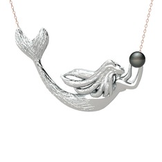 Pequod Deniz Kızı Kolye - Siyah inci 14 ayar beyaz altın kolye (40 cm gümüş rolo zincir) #194vvmq