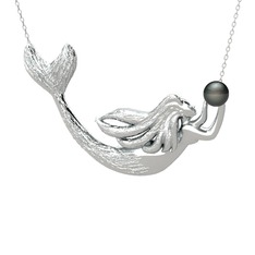 Pequod Deniz Kızı Kolye - Siyah inci 925 ayar gümüş kolye (40 cm beyaz altın rolo zincir) #1b1o10e