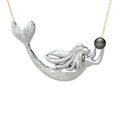 Pequod Deniz Kızı Kolye - Siyah inci 14 ayar beyaz altın kolye (40 cm altın rolo zincir) #1m8dt7p