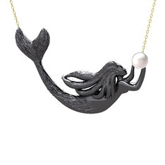 Pequod Deniz Kızı Kolye - Inci 925 ayar siyah rodyum kaplama gümüş kolye (40 cm altın rolo zincir) #ekist3