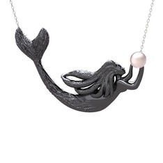 Pequod Deniz Kızı Kolye - Pembe inci 925 ayar siyah rodyum kaplama gümüş kolye (40 cm beyaz altın rolo zincir) #q18ojr