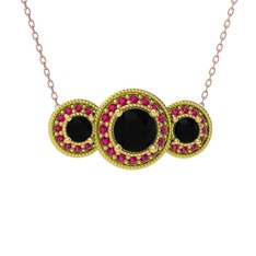 Elia Tria Kolye - Siyah zirkon ve rodolit garnet 8 ayar altın kolye (40 cm rose altın rolo zincir) #1afyqqr