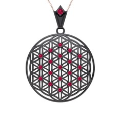 Taşlı Yaşam Çiçeği Kolye - Rodolit garnet 925 ayar siyah rodyum kaplama gümüş kolye (40 cm rose altın rolo zincir) #jh2s8c
