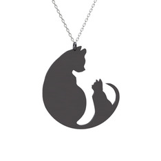 Aile Kedi Kolye - 925 ayar siyah rodyum kaplama gümüş kolye (40 cm beyaz altın rolo zincir) #1n3btm