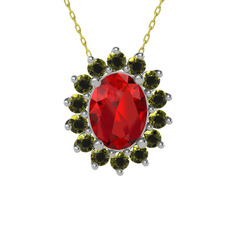 Garnet ve peridot 18 ayar beyaz altın kolye (40 cm altın rolo zincir)