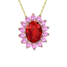 Garnet ve pembe kuvars 14 ayar rose altın kolye (40 cm altın rolo zincir)