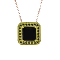 Esinti Kare Kolye - Siyah zirkon ve peridot 14 ayar altın kolye (40 cm gümüş rolo zincir) #pd23d0