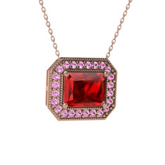 Garnet ve pembe kuvars 8 ayar rose altın kolye (40 cm rose altın rolo zincir)